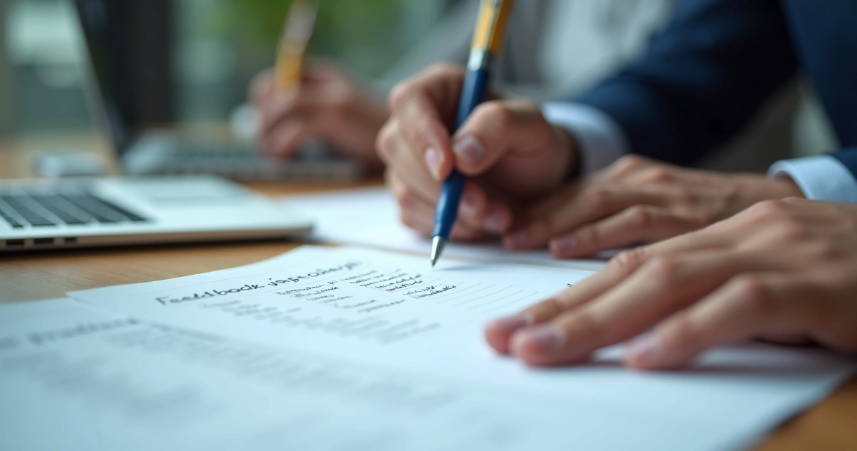 Manos escribiendo notas sobre retroalimentación en papel 