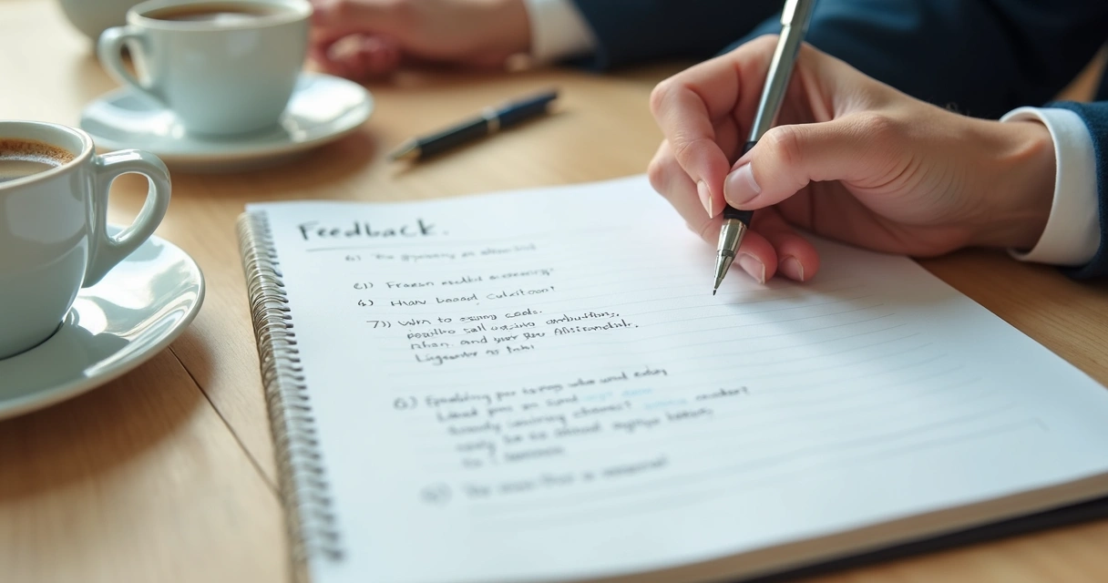 Caderno com anotações de plano de ação após feedback
