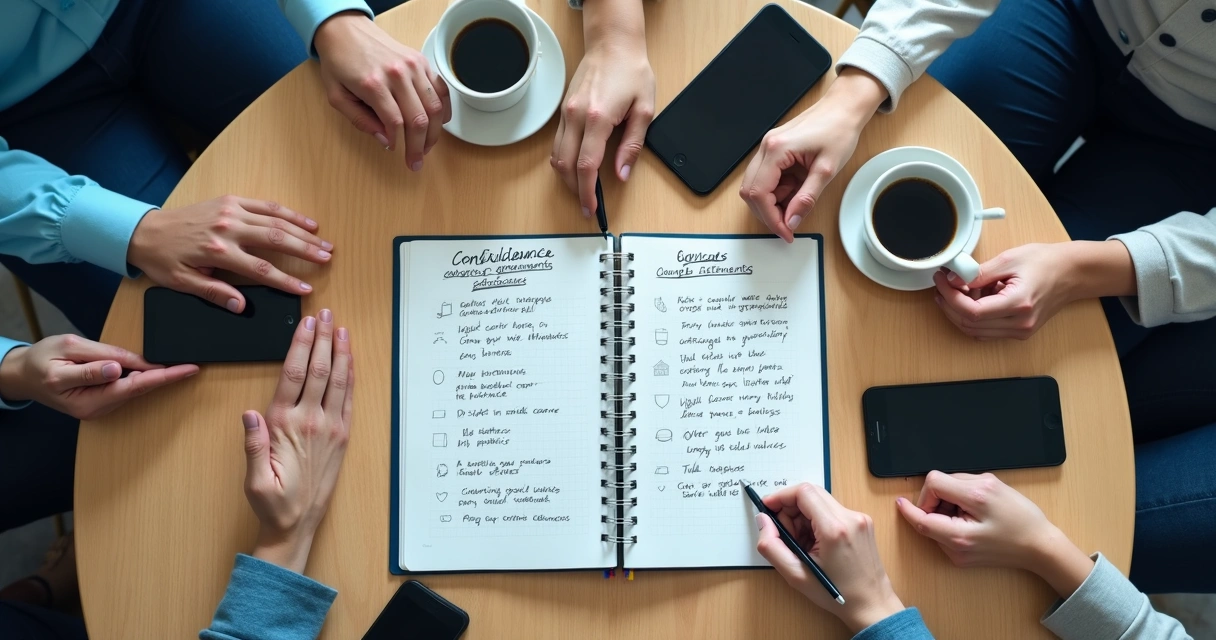 Caderno com acordos de grupo ao lado de celulares virados para baixo 