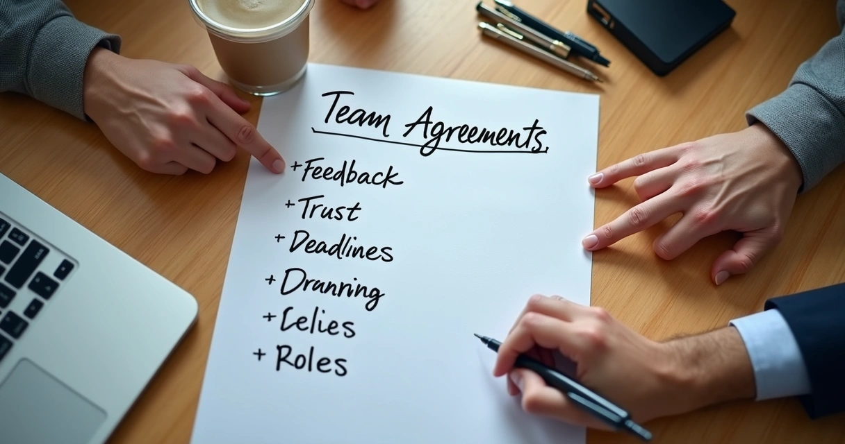 Anotações com acordos de equipe em mesa de trabalho 