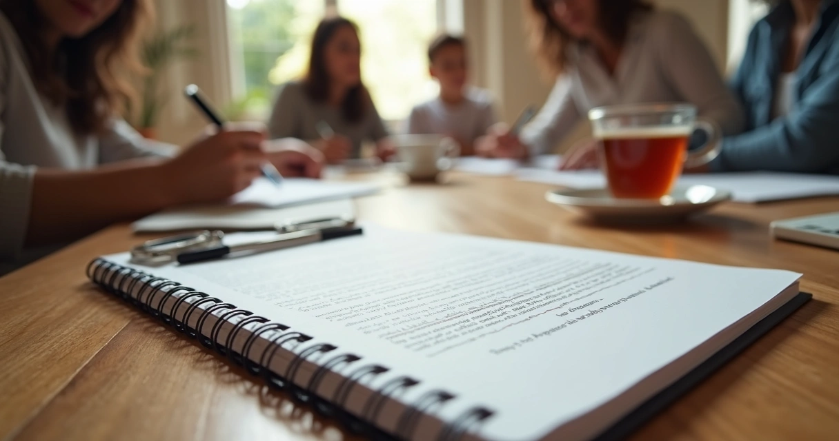 Caderno com acordos familiares escrito à mão sobre a mesa 