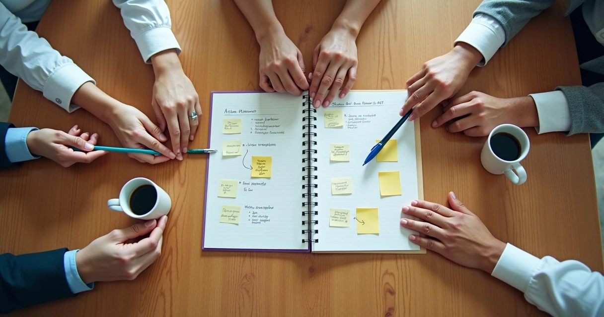 Caderno com acordos de feedback em reunião de equipe