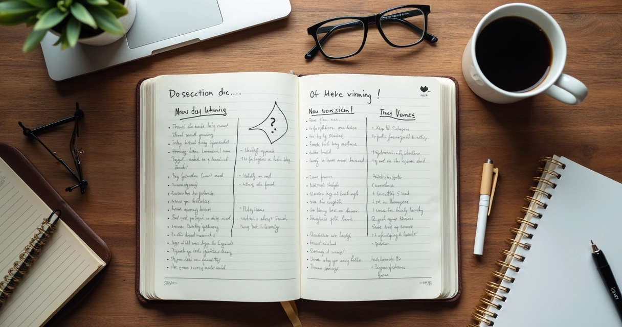 Caderno com anotações e setas ao lado de óculos e café 