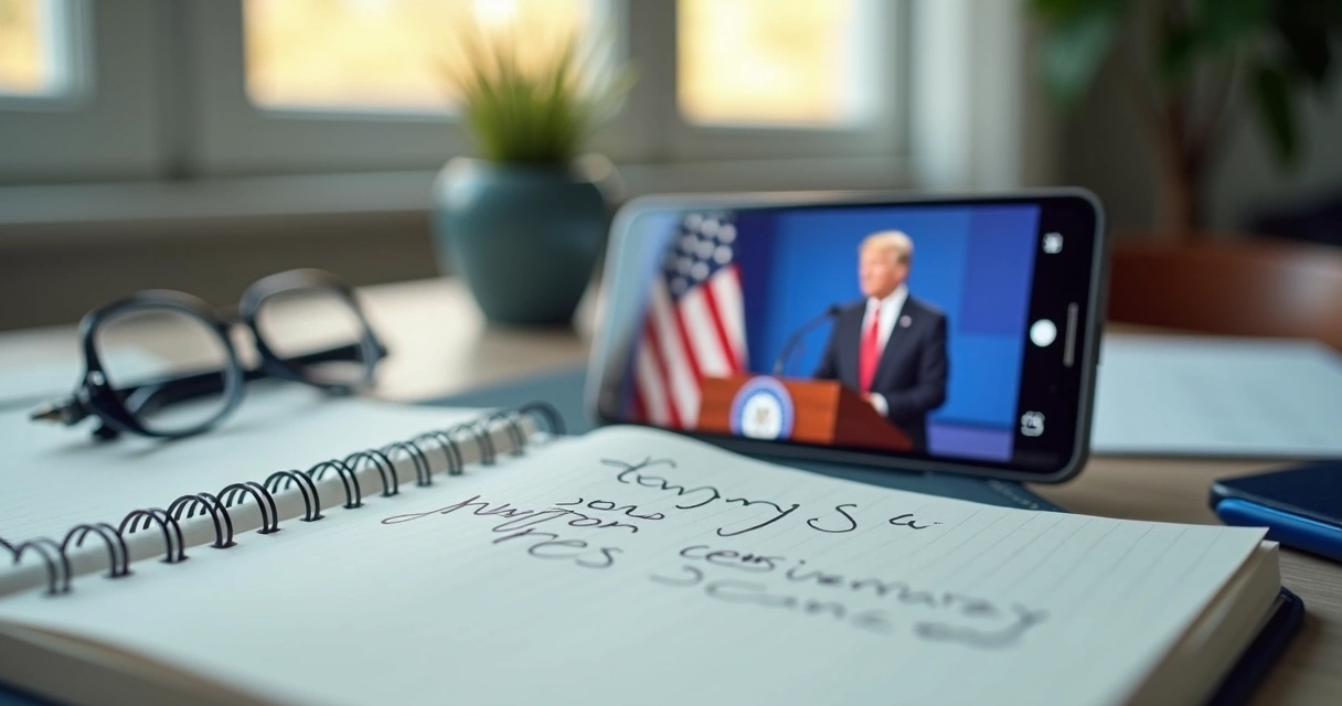 Caderno com anotações diante de anúncio político no celular 
