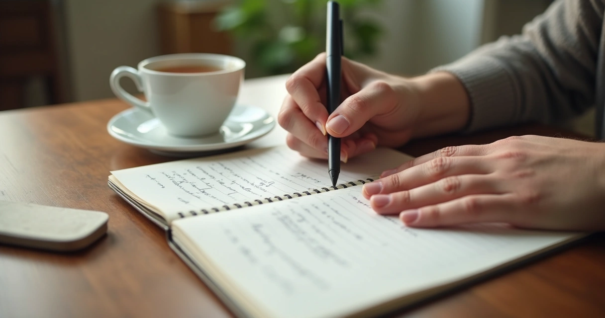 Pessoa escrevendo reflexões após uma conversa em caderno 