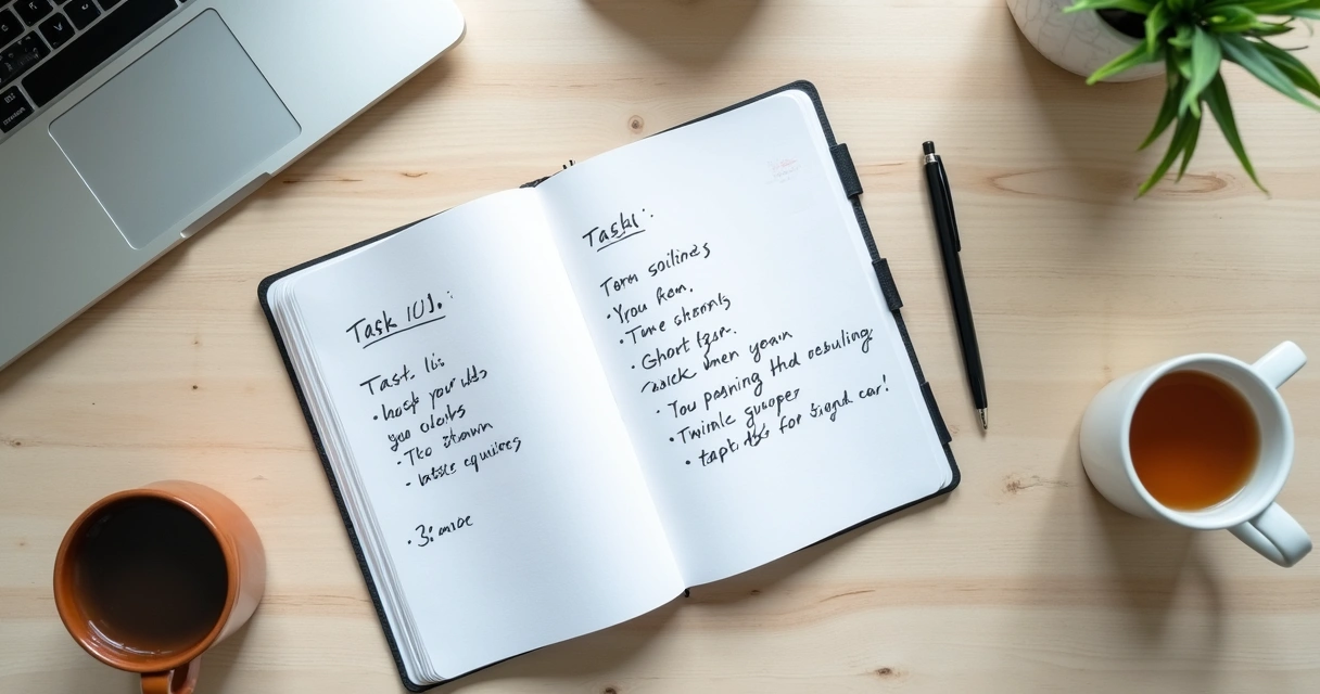 Caderno com lista de tarefas e xícara em mesa de trabalho 