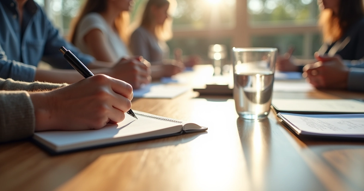 Caderno com anotações em reunião e mãos apoiadas na mesa 