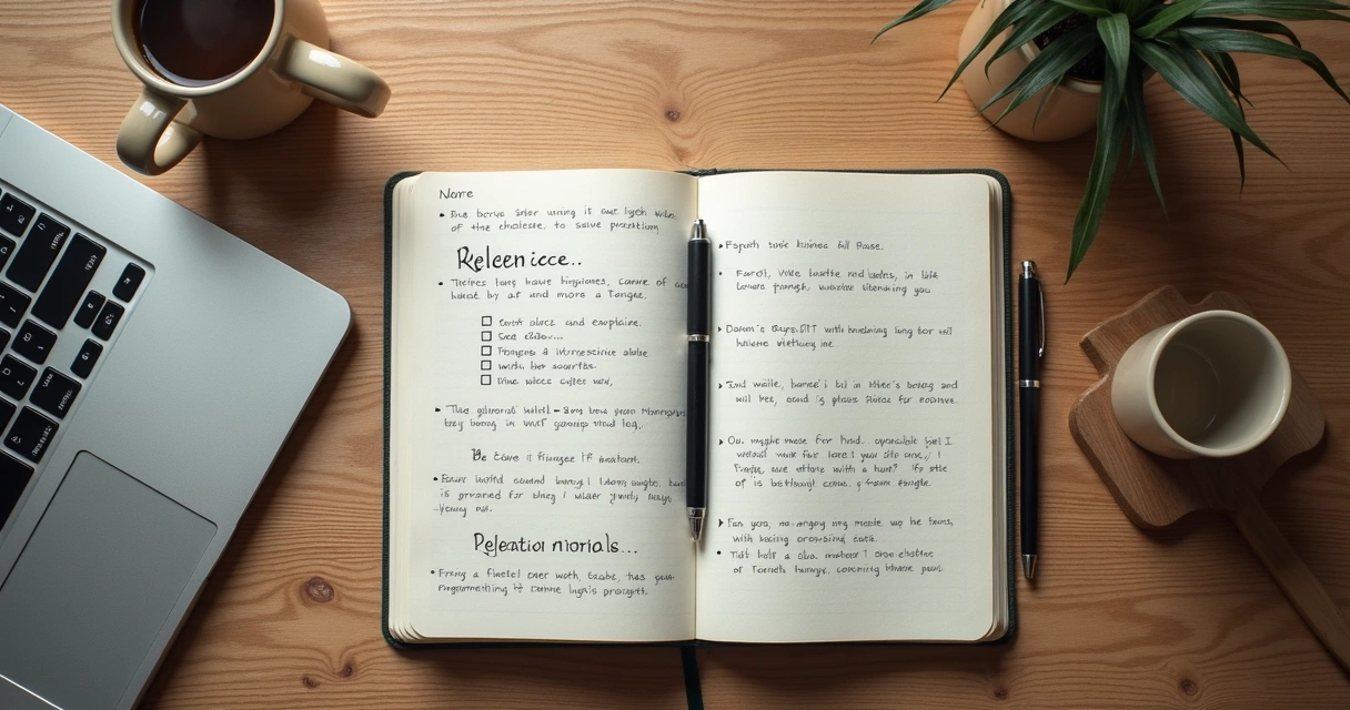Caderno com anotações de autoavaliação ao lado de xícara e laptop
