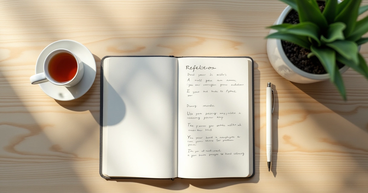 Caderno com anotações e xícara sobre mesa clara 