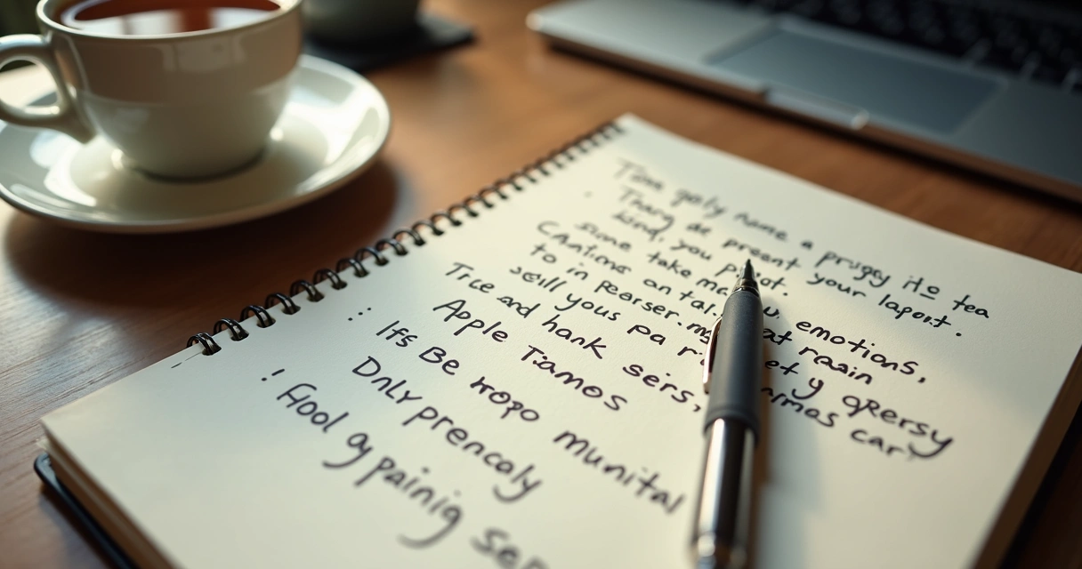 Caderno com anotações de emoções ao lado de xícara e computador