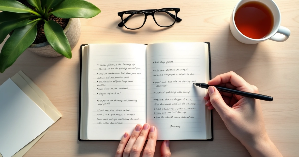 Caderno com anotações e mão escrevendo em mesa clara