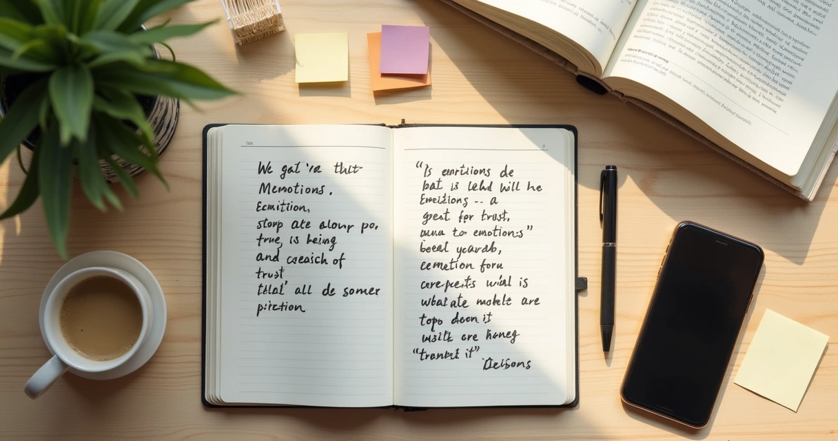Caderno com anotações ao lado de café em mesa de trabalho