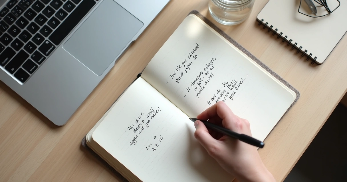 Caderno com anotações emocionais ao lado de notebook em mesa de trabalho
