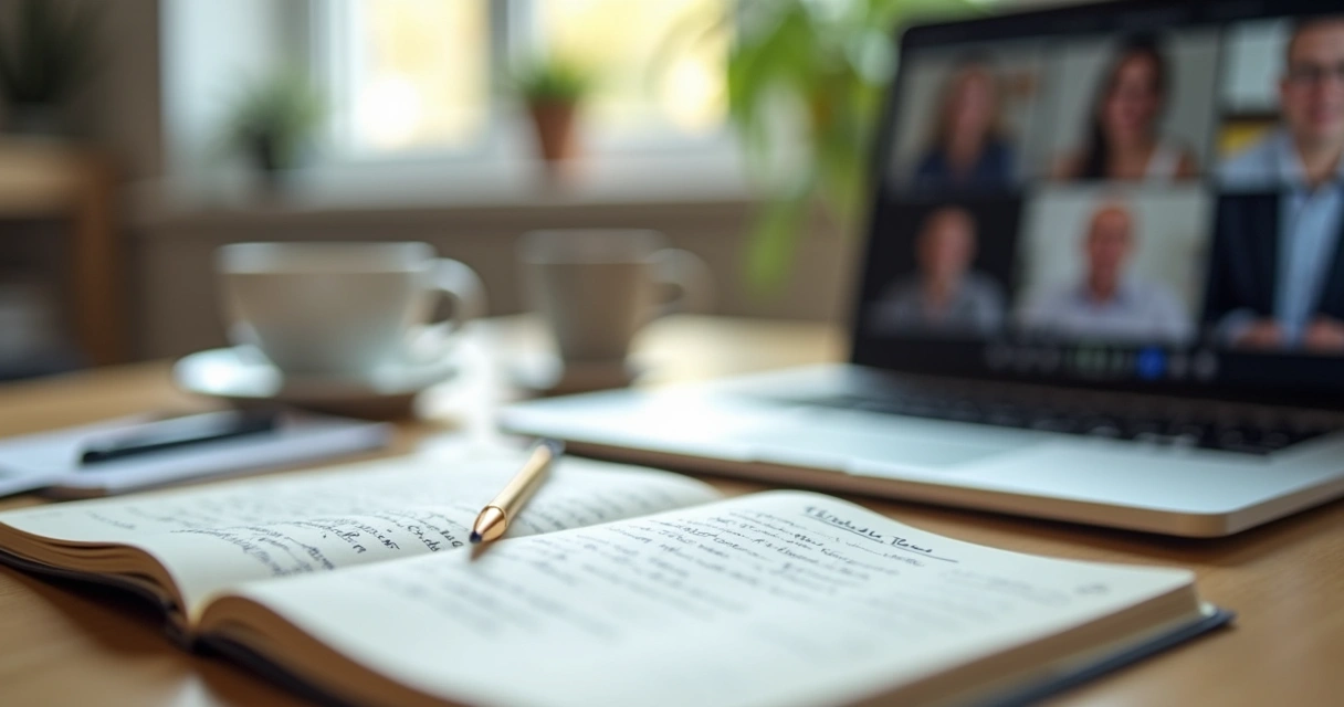 Caderno com anotações de reflexão ao lado de notebook em home office
