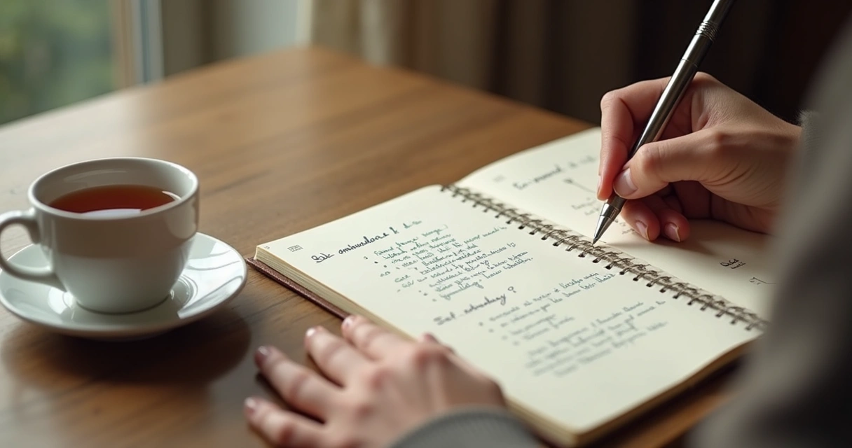 Pessoa escrevendo reflexões em caderno ao lado de xícara 
