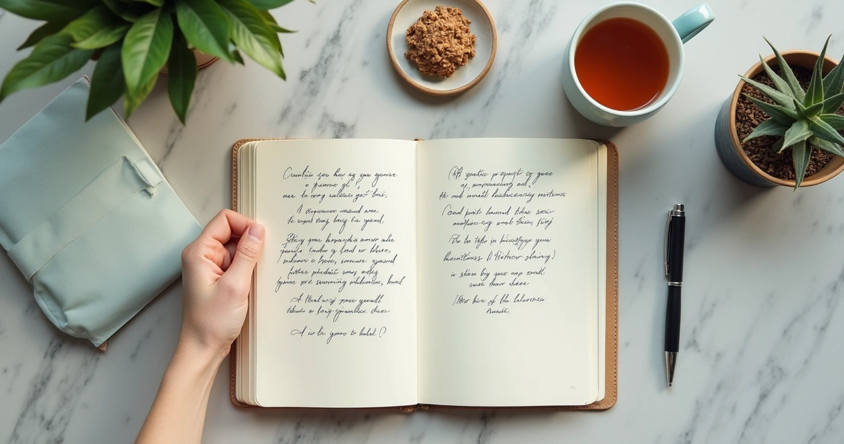 Caderno com anotações de autoconsciência em mesa de trabalho 