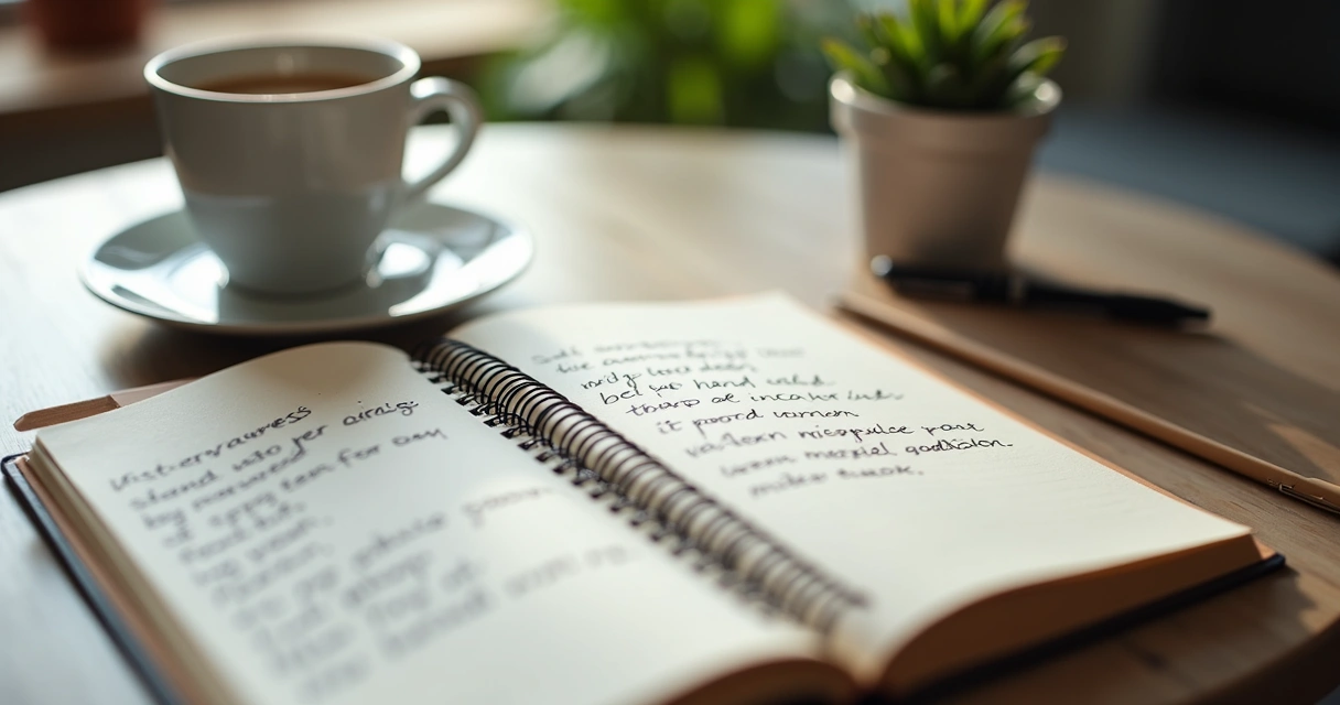 Caderno com anotações de autoconsciência ao lado de mesa de trabalho 