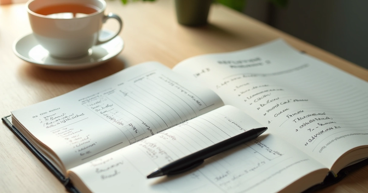 Caderno com anotações de reflexão e caneta sobre mesa clara