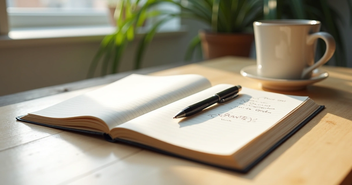 Caderno com anotações de reflexão pessoal e caneca ao lado