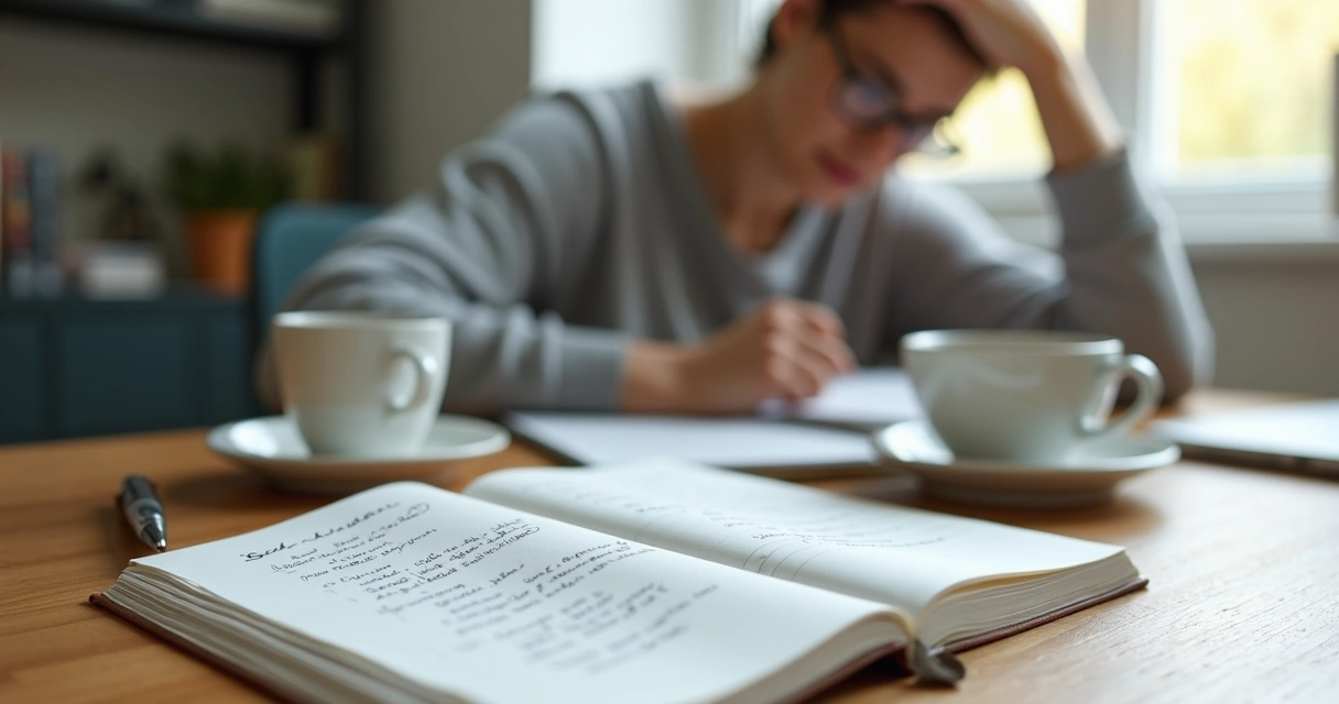 Caderno com anotações e pessoa pensativa à mesa