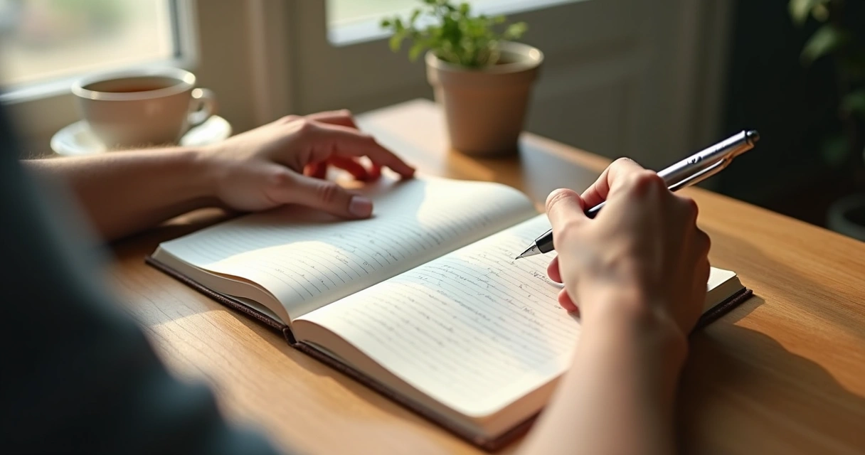 Pessoa escrevendo reflexões em caderno com ambiente calmo 