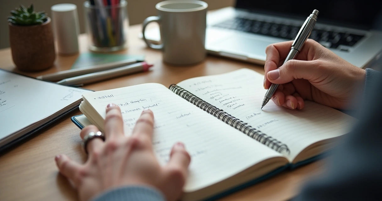 Pessoa fazendo anotações de autodesenvolvimento no trabalho em caderno.