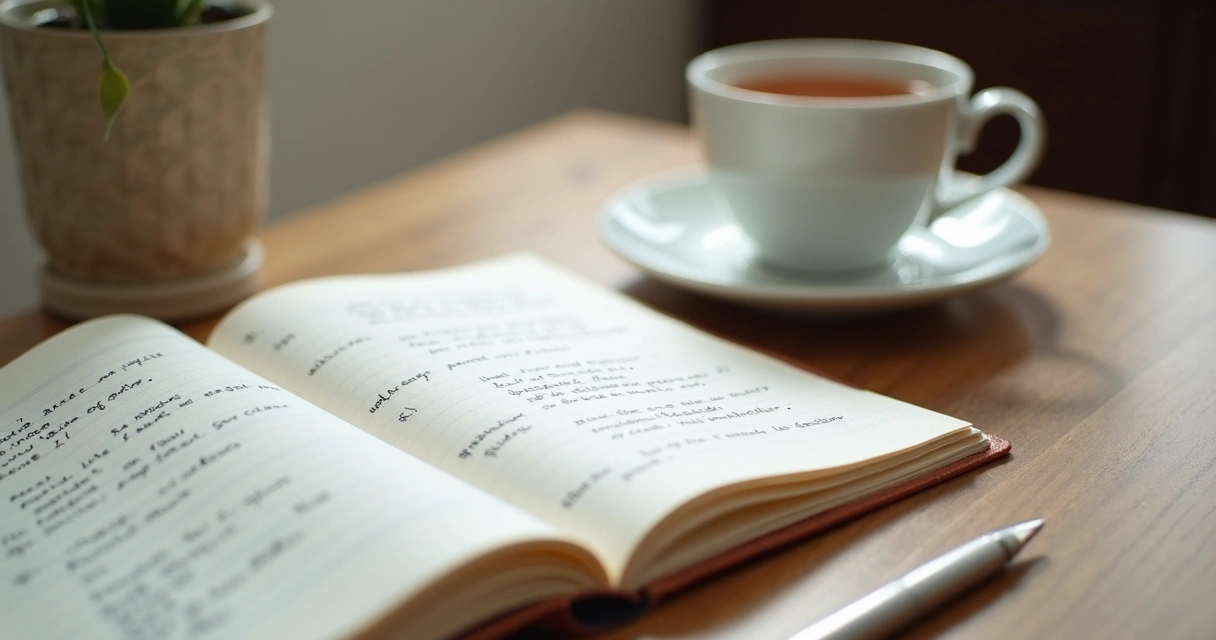 Caderno com anotações de autocuidado e reflexão