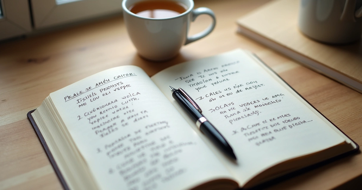 Caderno com anotações sobre pensamentos e autoestima 