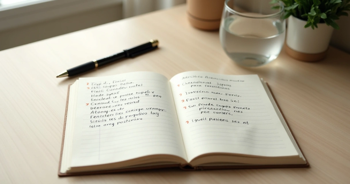 Caderno com frases de autoinstrução e caneta sobre mesa clara 