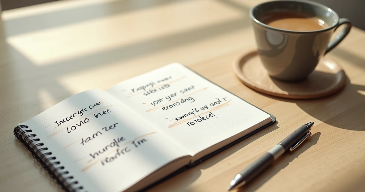 Caderno com anotações de autocrítica e xícara sobre mesa clara 