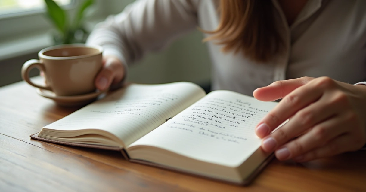 Caderno com metas e pessoa refletindo à mesa