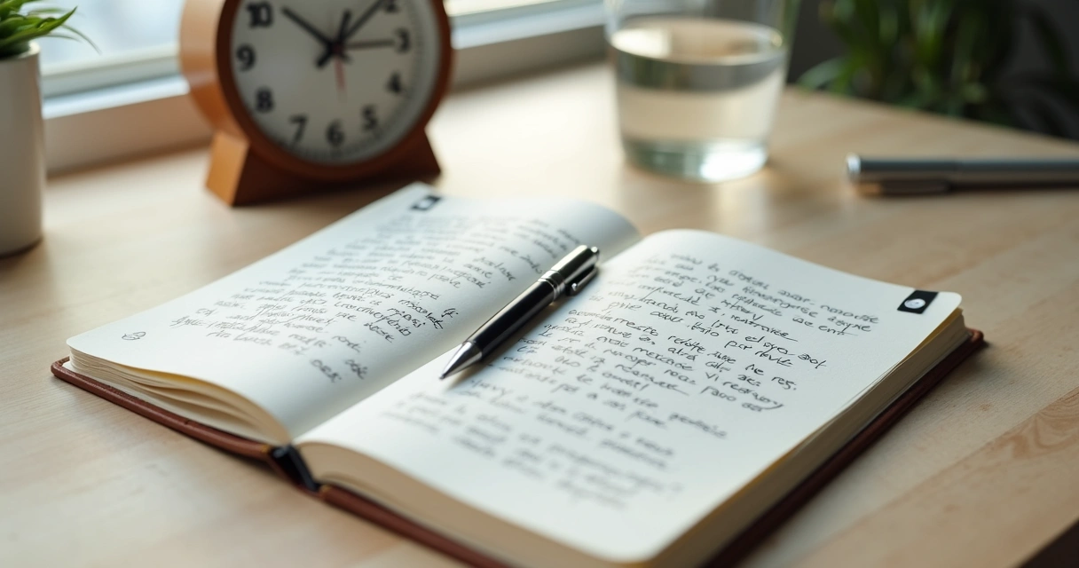 Caderno com anotações de emoções e rotina em uma mesa clara 