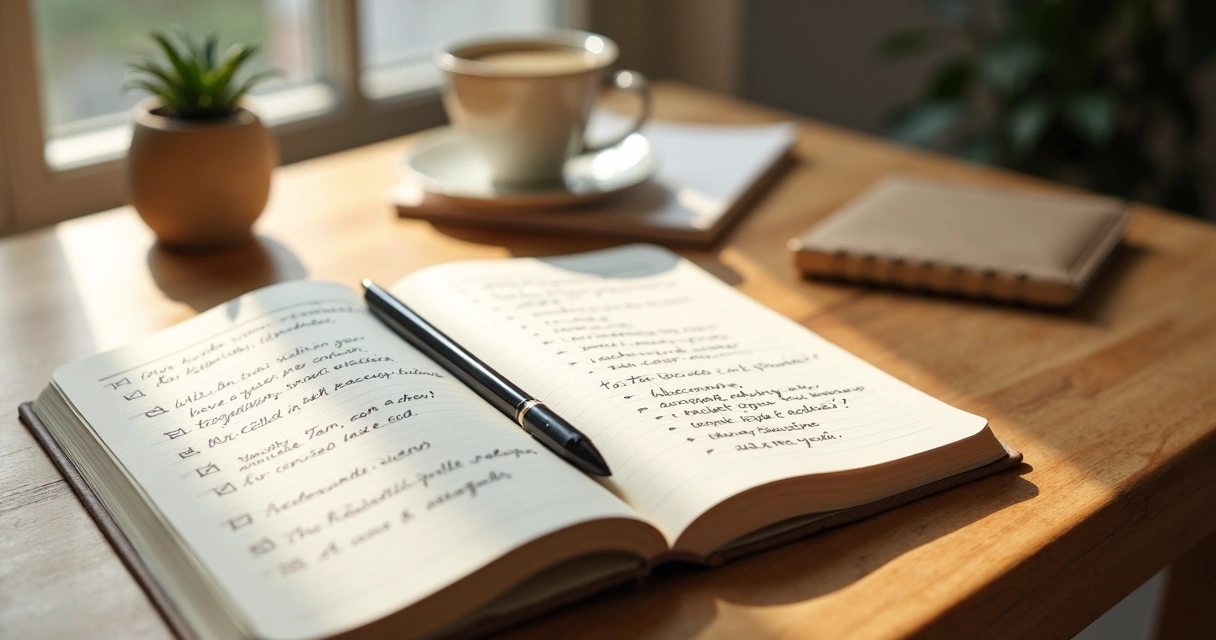 Caderno com anotações de autoobservação e xícara ao lado