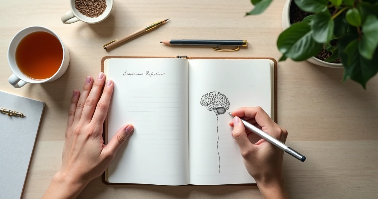Caderno com anotações emocionais e mão escrevendo