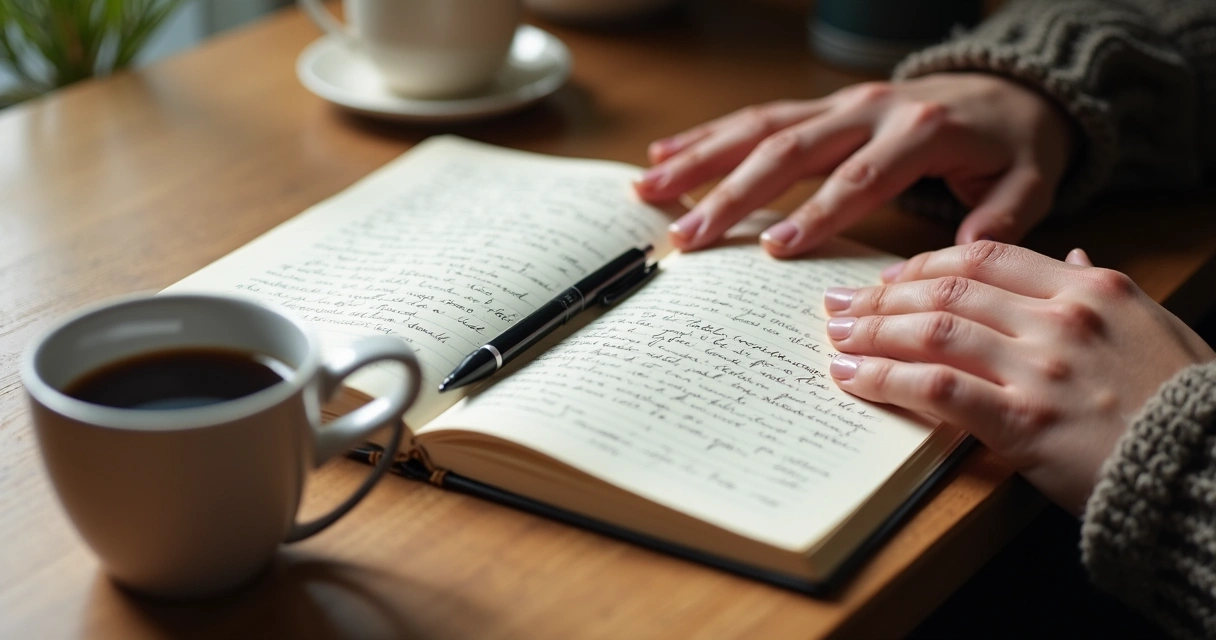 Caderno com anotações, caneta e pessoa refletindo à mesa