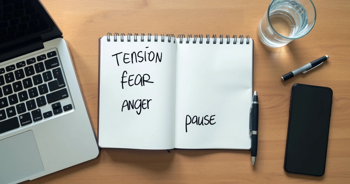 Caderno com anotações de emoções ao lado de laptop