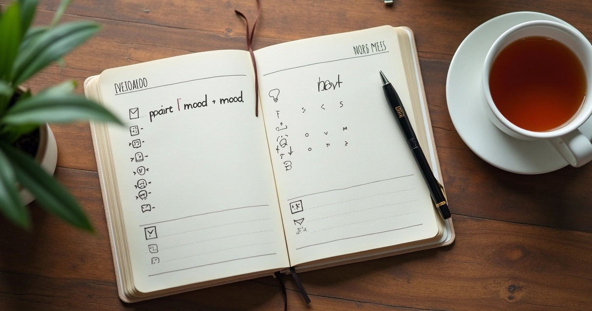 Caderno com anotações emocionais ao lado de xícara e luz suave 
