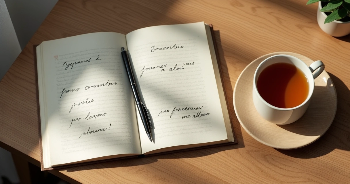 Caderno com anotações e xícara ao lado 