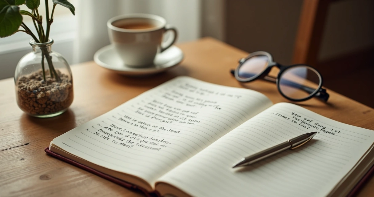 Caderno com perguntas de autocuidado ao lado de chá e janela iluminada 