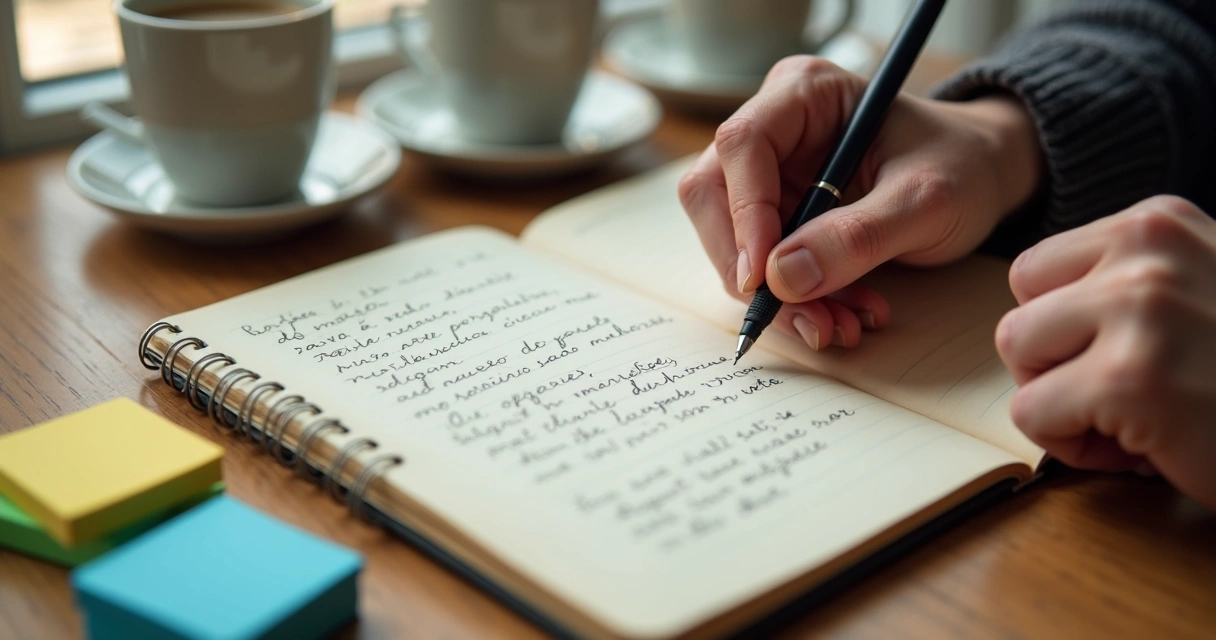 Pessoa escrevendo em caderno sobre emoções vividas 