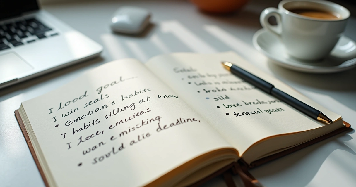 Caderno com anotações de metas e comportamento em mesa de trabalho