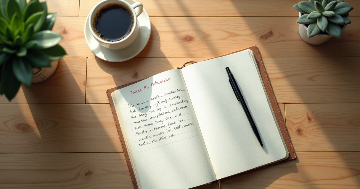 Caderno com notas de reflexão e café na mesa 