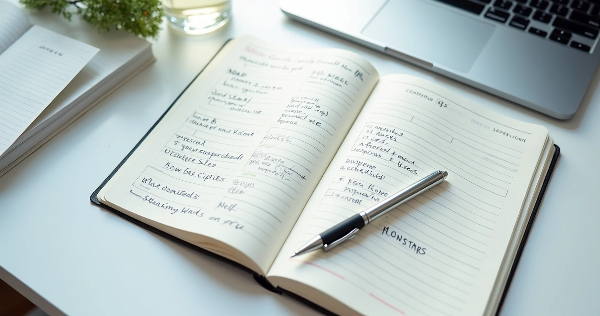 Caderno com anotações de humor e rotina no trabalho