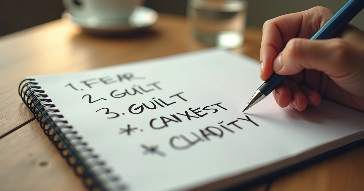 Caderno com lista de emoções e mão escrevendo em ambiente calmo