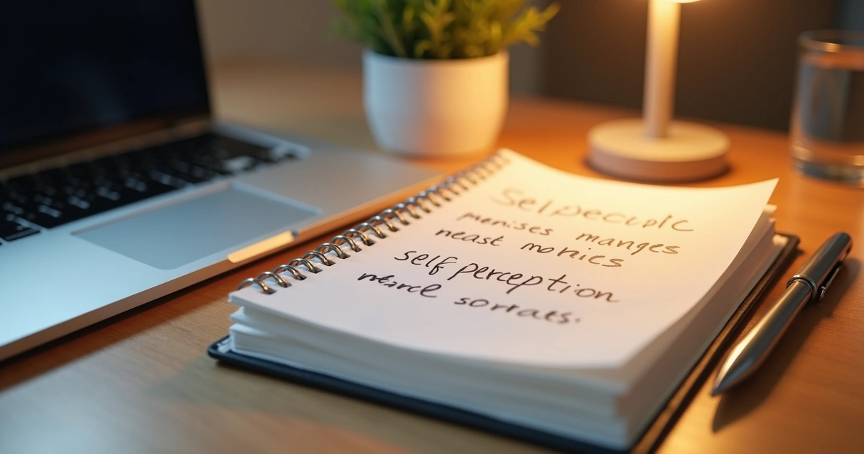 Bloco de notas aberto com anotações manuscritas em mesa de escritório com caneta prateada ao lado 