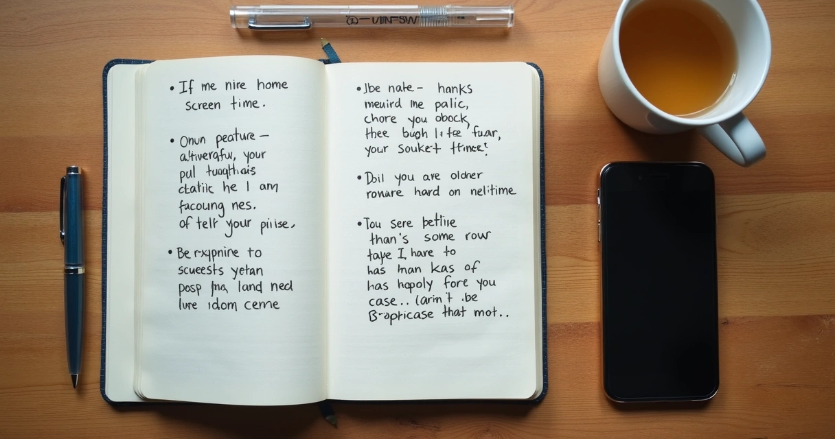 Caderno com anotações ao lado de celular e xícara 