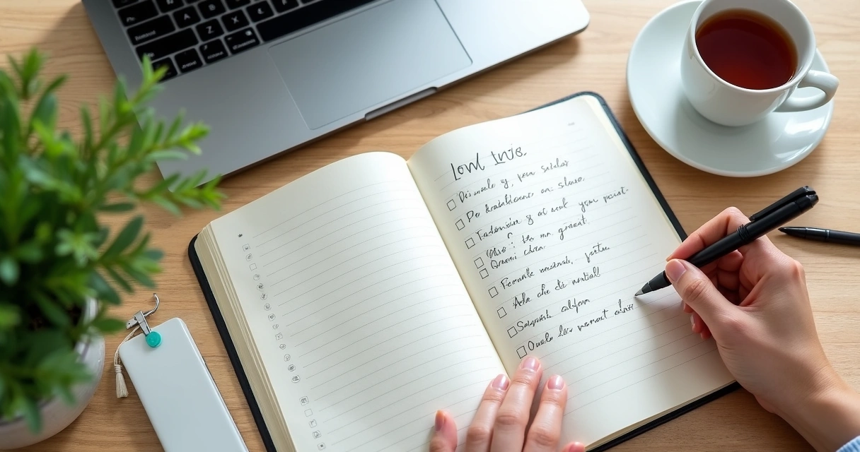 Caderno com lista de autocuidado ao lado do notebook