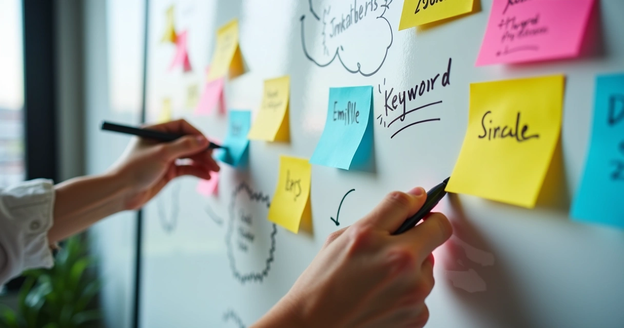 Anotações coloridas de brainstorming de palavras-chave em quadro branco 