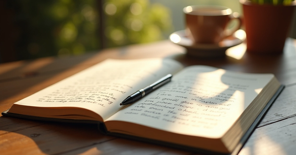 Caderno aberto com anotações feitas à mão e caneta ao lado 