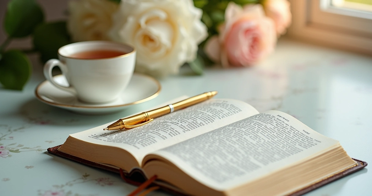 Caderno com anotações de devocional ao lado de Bíblia e caneca em mesa elegante 